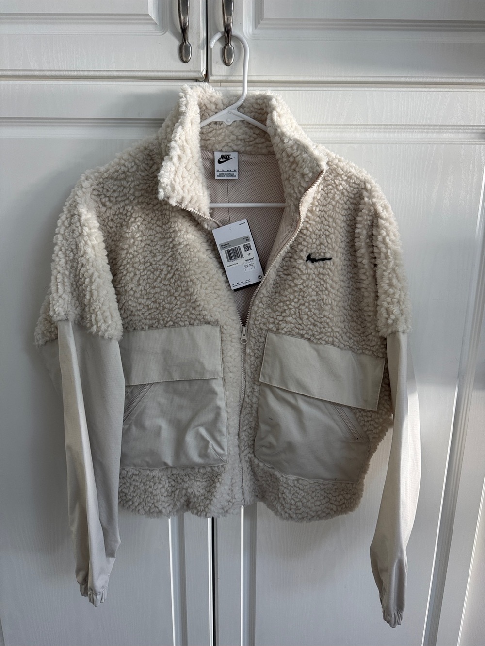 Nike Women's Cream Sherpa Teddy Zip Jacket with Pocket Panels
